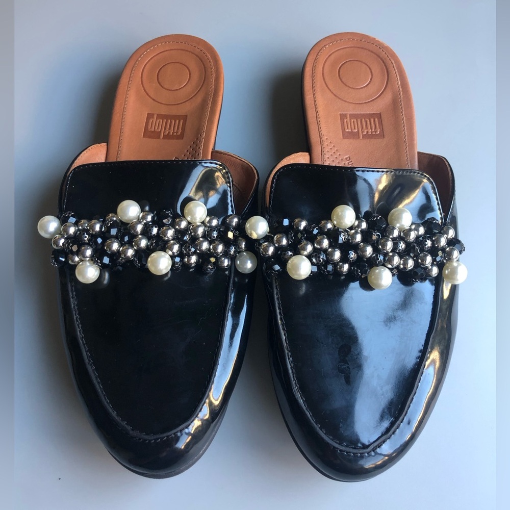 FitFlop Duocomff Black Patent Leather Pearl Beaded Mules Loafers Womens : US 8.5